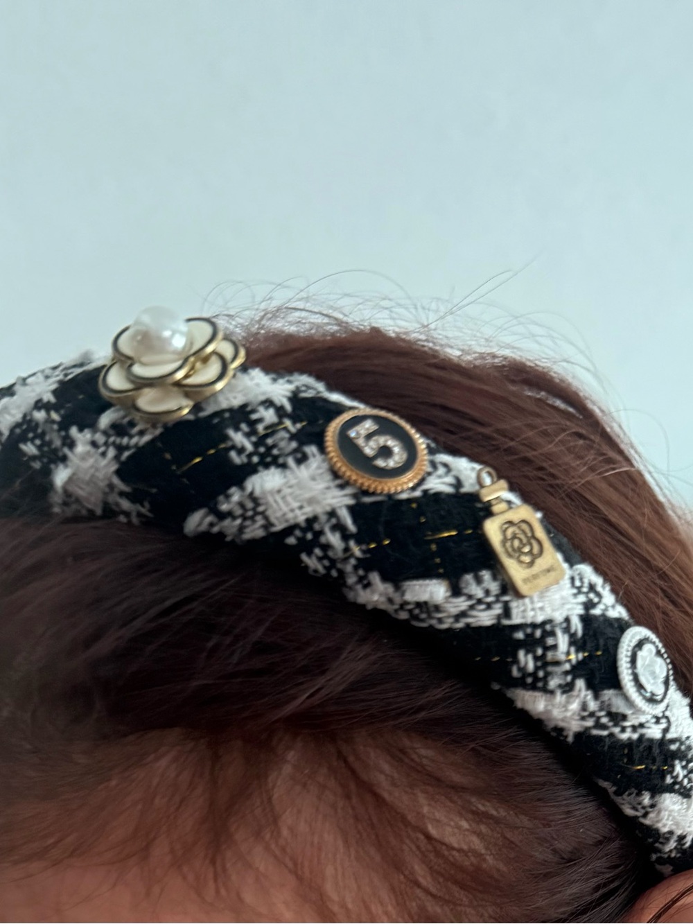 Black & White Tweed Headband with Gold and Pearl Accents